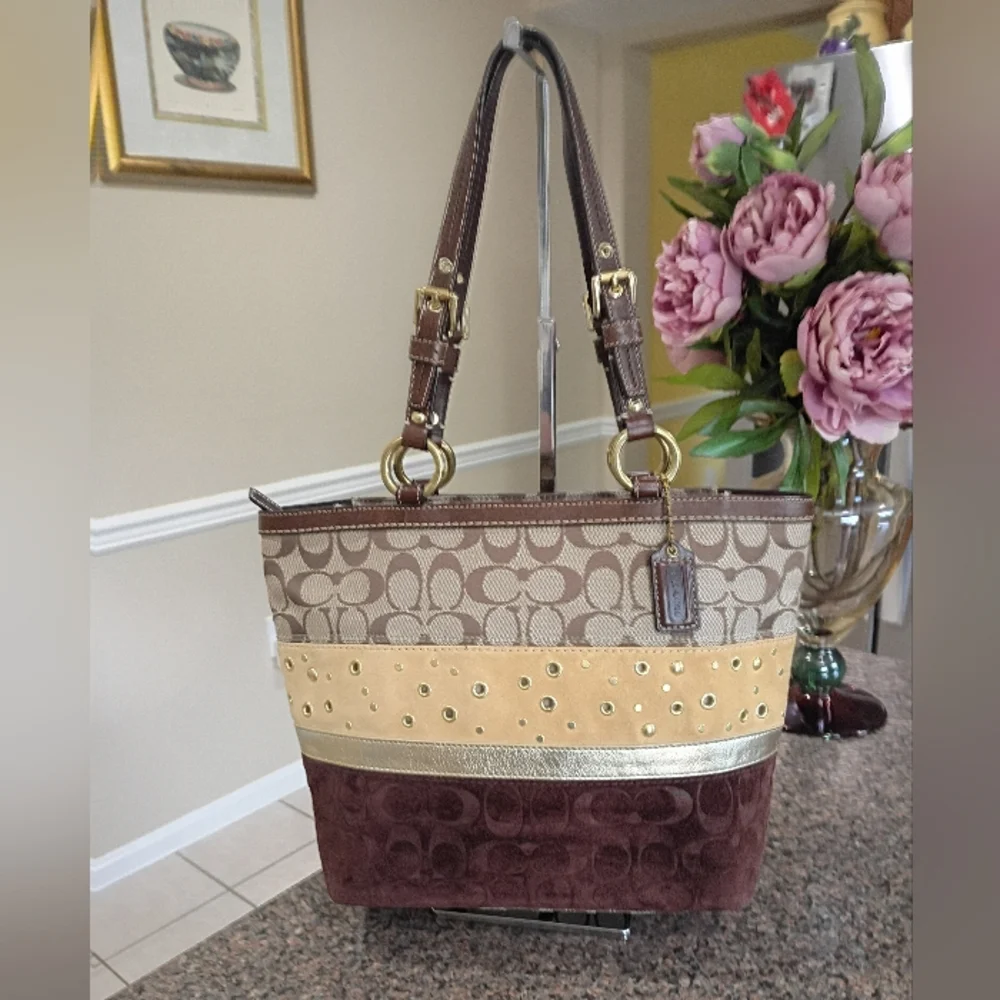 Coach Y2K Patchwork Tote Bag w/ Signature Canvas, Velvet, Suede & Leather Trim